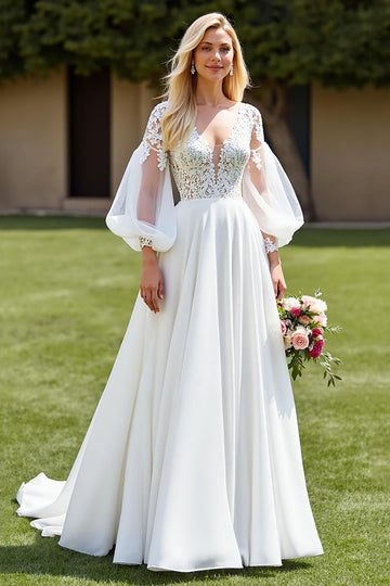 Ivory A Line Court Train Chiffon Wedding Dress with Lace Appliques